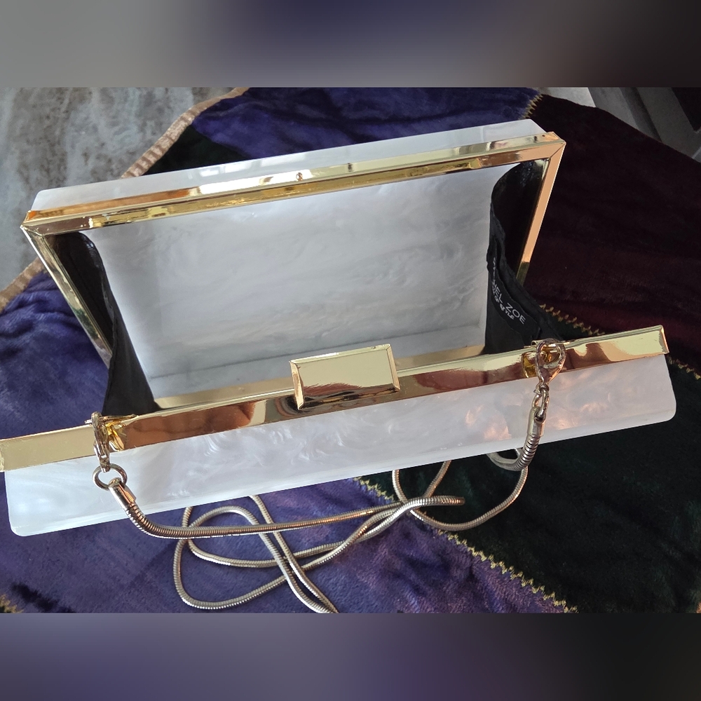 Chic White and Gold Clutch with Chain Rachel Zoe Acrylic